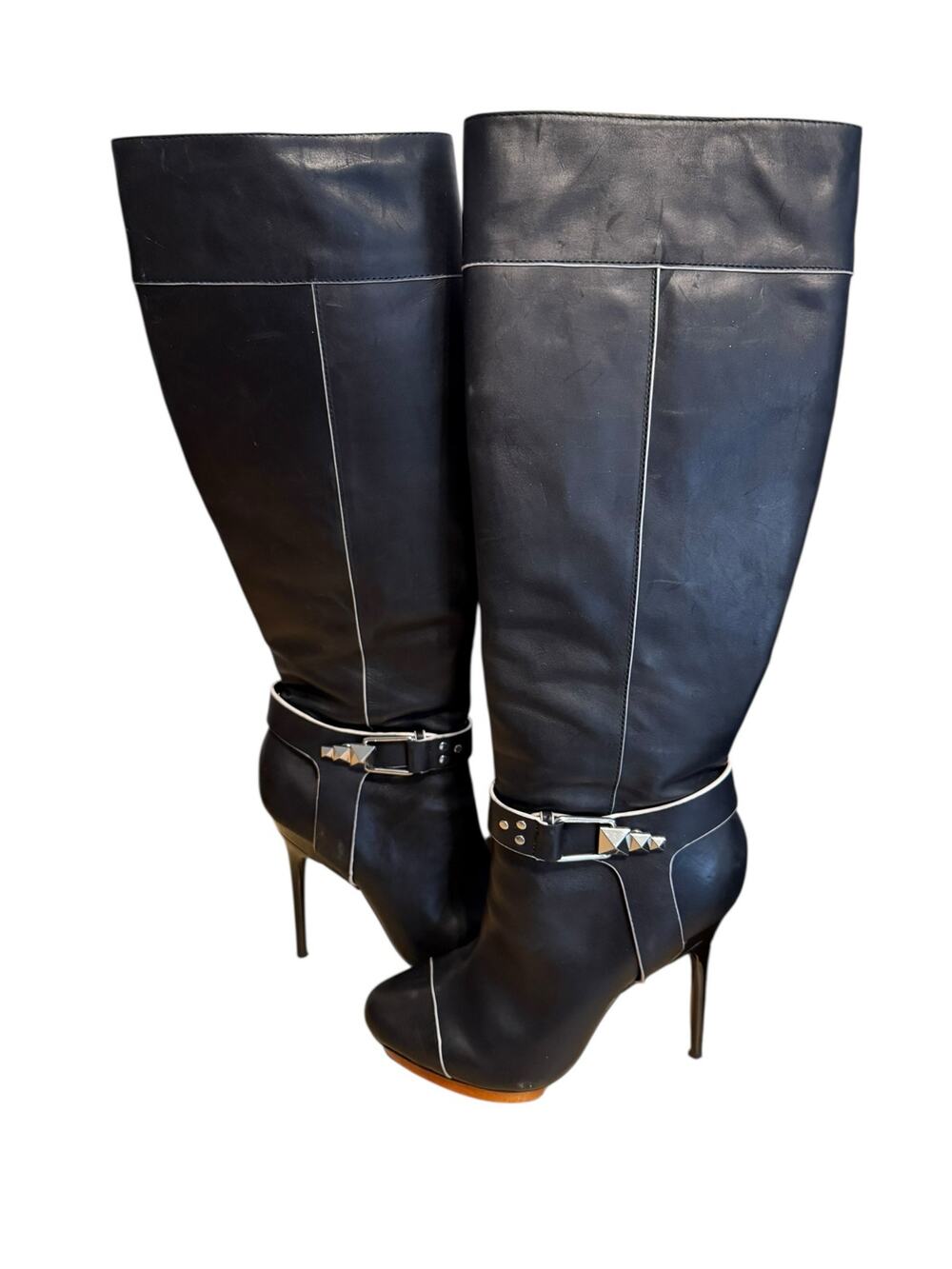 Mark & James Badgley Mischka Danise Black Leather Stiletto Heeled Tall Boots 7